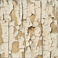 Obraz premium Close-up of aged, peeling white paint on wooden surface, showcasing texture and decay.