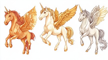 Naklejka premium A charming unicorn with wings, a hand-drawn pony with a golden horn, and the magical horse Pegasus. These illustrations are perfect for printing, fabric designs, and websites.