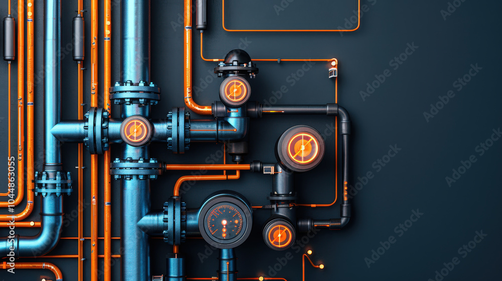 Poster modern industrial piping system with valves and gauges, showcasing intricate design and functionalit