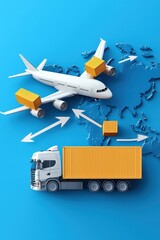 Truck and airplane icons with arrows, symbolizing global logistics network