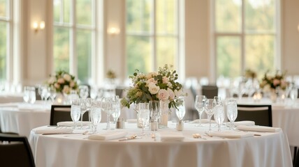 Elegant wedding reception setup featuring beautifully arranged tables with floral centerpieces and glassware.