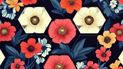 A bold floral hexagon pattern with colorful flowers nestled within geometric shapes. The retro aesthetic offers a lively, energetic design.