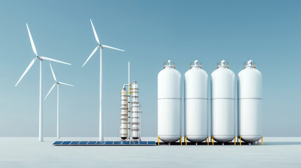 Fototapeta premium Modern industrial hydrogen production plant featuring large storage tanks and wind turbines in clean energy environment. This setup emphasizes sustainable energy solutions and innovation
