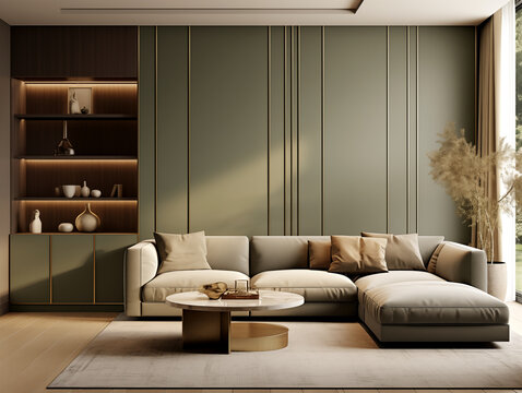 Living room interior in modern and classic styles with wooden panneling. Neutral and bold forest green colors interior with wooden wall panels.