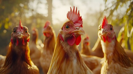 A close-up of chickens in an industrial farm, their eyes focused on the camera as they peck at grain and feathered bodies scattered around them