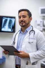 Confident healthcare professional in a medical office analyzing patient X-rays using a tablet, ready to provide expert care and insights.