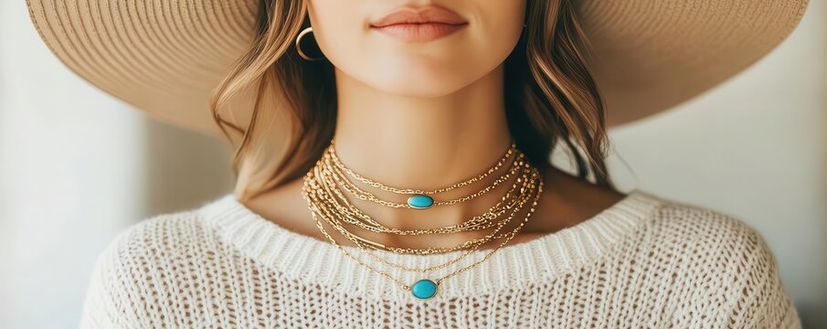 Photorealistic boho jewelry, woman wearing a widebrimmed hat, layered gold necklaces, turquoise rings, soft sunlight, earthy tones in the background, closeup shot
