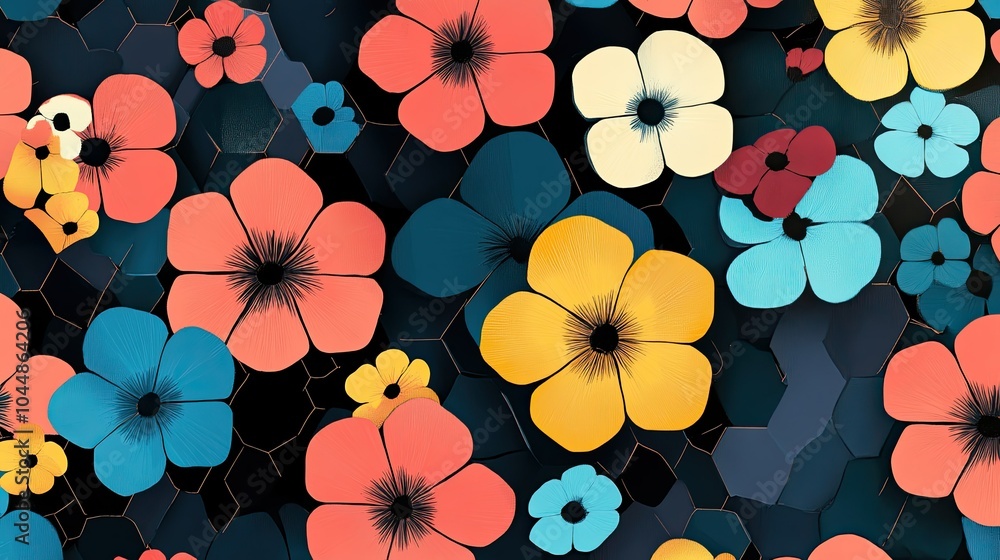 Poster a dynamic retro floral hexagon pattern featuring bold, colorful flowers nestled within hexagons, cre