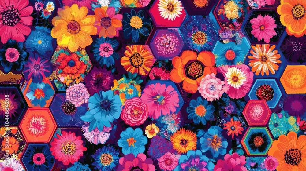 Poster a dynamic retro floral hexagon pattern featuring bold, colorful flowers nestled within hexagons, cre