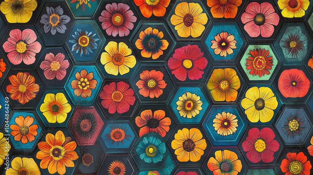 Poster a dynamic retro floral hexagon pattern featuring bold, colorful flowers nestled within hexagons, cre