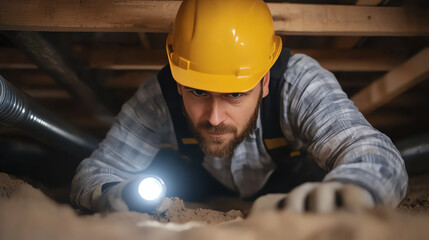 A man in a hard hat inspects an attic or crawl space using a flashlight, showcasing safety and maintenance in construction work.