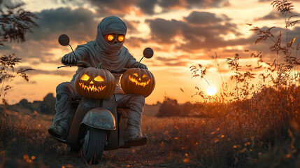 Mummy riding scooter carrying Halloween pumpkins on the road in the autumn countryside with sunset. Concept of shipping, logistics, delivery and Halloween celebration.