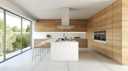 Modern minimalist kitchen with wood cabinetry and sleek design, featuring island and bar stools. large windows allow natural light to illuminate space, creating warm and inviting atmosphere