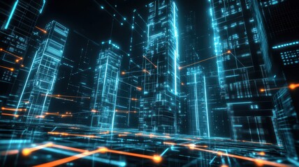 Fototapeta premium Futuristic cityscape with glowing skyscrapers and digital lines creating a vibrant network in a high-tech environment.