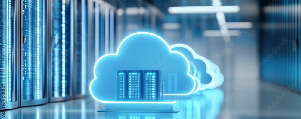 Poster futuristic data center with glowing cloud icons, representing cloud computing and digital storage te