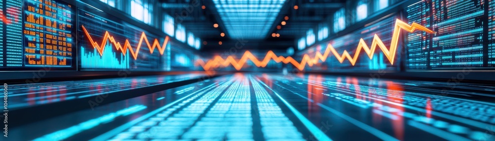 Poster futuristic digital interface with vibrant graphs and data displays, reflecting advanced technology i