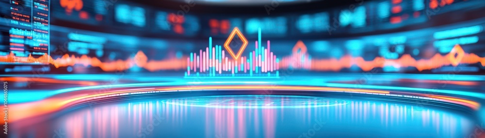 Poster futuristic digital interface with vibrant colors and waveforms representing data analysis and techno