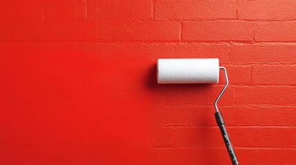 Obraz premium A paint roller applying fresh paint to a vibrant red brick wall, showcasing the process of home renovation and interior design.
