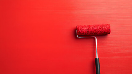Obraz premium A paint roller with a textured surface on a freshly painted red wall, showcasing the tools of DIY home improvement.