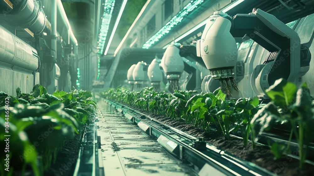 Poster a futuristic farm with robots and ai managing every aspect of crop production, from planting to harv