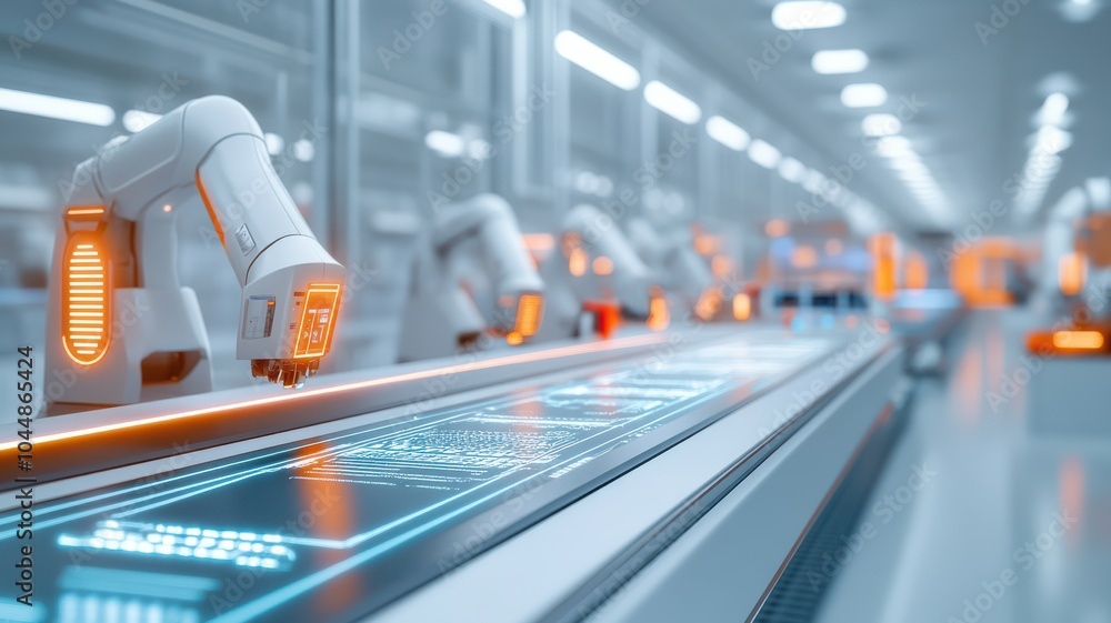 Poster high-tech industrial robot arms working on an automated production line in a modern facility, showca