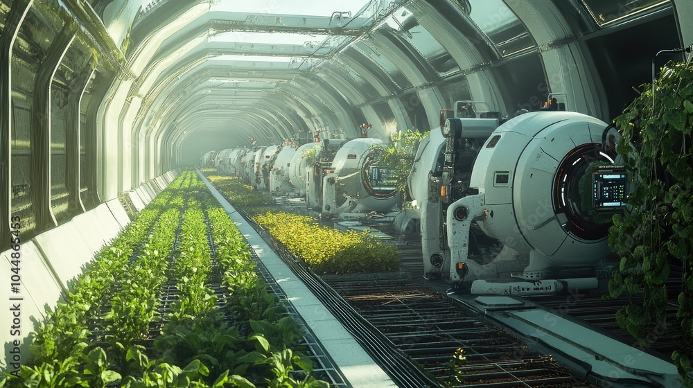 Poster a futuristic farm with robots and ai managing every aspect of crop production, from planting to harv
