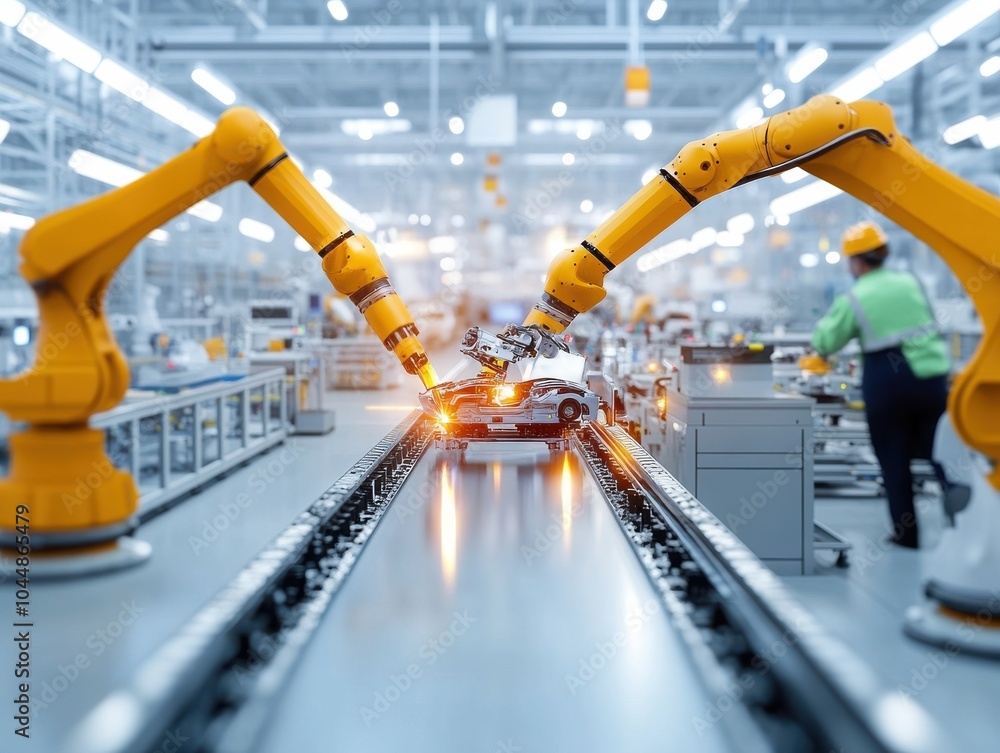 Poster innovative automation in a modern factory. robotic arms working on an assembly line for efficient pr