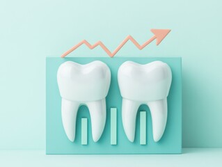 Illustration of dental health growth with teeth models and a rising graph, symbolizing improved oral hygiene outcomes.