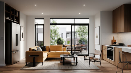 Modern pastel themed living room featuring yellow sofa, large windows, and stylish kitchen. space is bright and inviting, perfect for relaxation and social gatherings