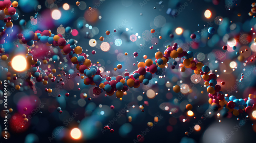 Poster molecular structures floating around glowing dna strand create vibrant and dynamic visual. colorful 