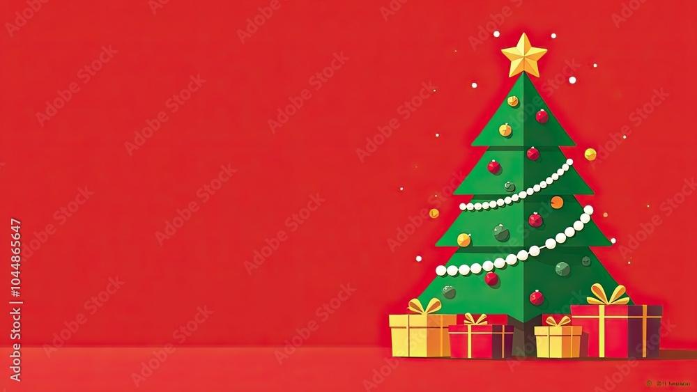 Wall mural flat illustration banner of green decorated Christmas trees on the right side with snowflake on a red background, gift boxes  on a red floor