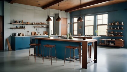 a sleek modern house interior featuring a combination of wood and metal elements, with exposed beams, industrial-style furniture, and a large kitchen island with high stools