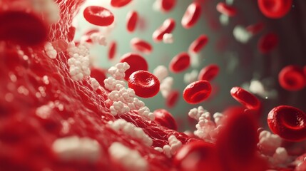 3D illustration of red and white blood cells flowing in a blood vessel. 