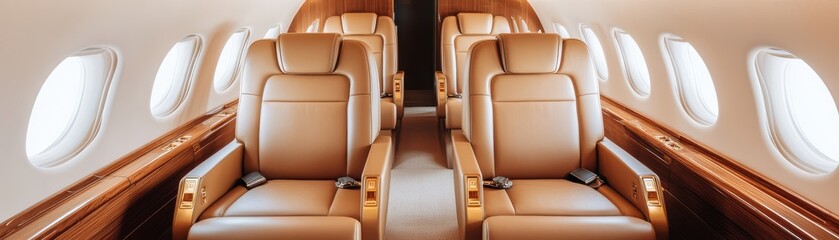 Luxurious interior of a private jet featuring comfortable leather seats and elegant design, perfect for upscale travel experiences.
