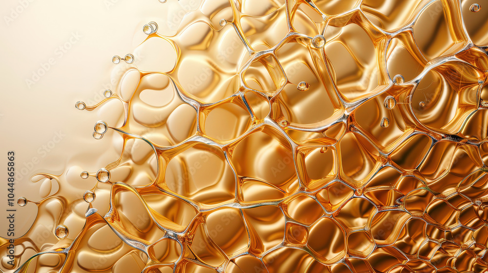 Poster molten gold texture with swirling patterns and reflective bubbles creates mesmerizing visual effect.