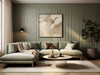 Living room interior in modern and classic styles with wooden panneling and picture ledge. Neutral and bold forest green colors interior with wooden wall panels.