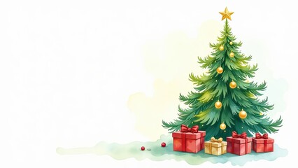 banner illustration of a Christmas tree on the right side decorated with a yellow star and gold balls, gold and red gift boxes with ribbon under the tree, light watercolor background