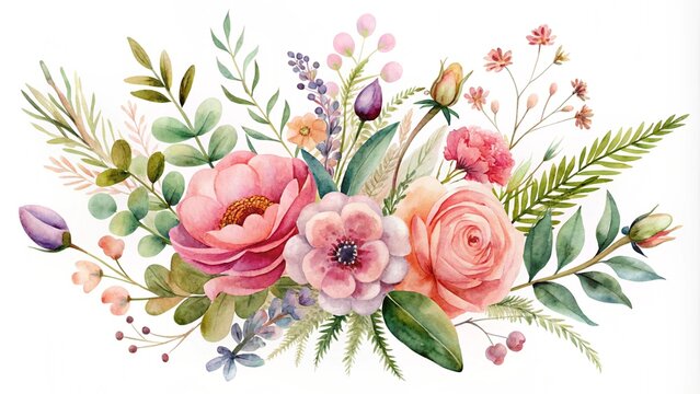 Floral vector collection. Flowers decoration of red and peach rose flowers, leaves, branches. Romantic botanic elements for wedding or greeting card design. pink watercolor arrangements with flowers