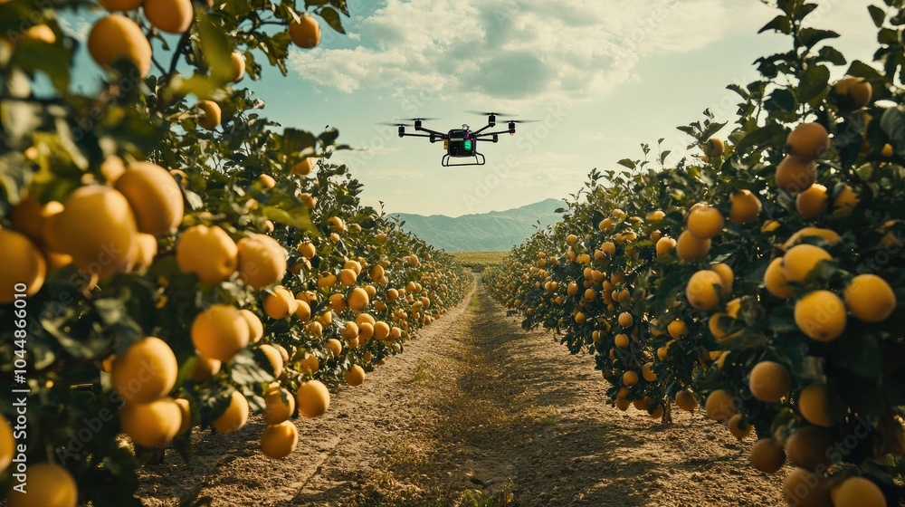Poster a high-tech orchard with sensors and drones managing everything from watering to pest control, maxim