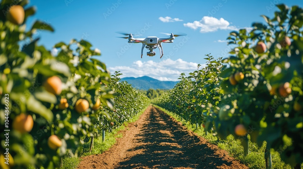 Poster a high-tech orchard with sensors and drones managing everything from watering to pest control, maxim