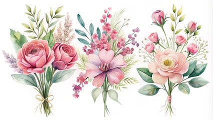 Floral vector collection. Flowers decoration of red and peach rose flowers, leaves, branches. Romantic botanic elements for wedding or greeting card design. pink watercolor arrangements with flowers