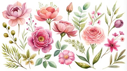 Floral vector collection. Flowers decoration of red and peach rose flowers, leaves, branches. Romantic botanic elements for wedding or greeting card design. pink watercolor arrangements with flowers