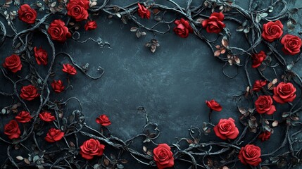 Elegant red roses entwined in dark and twisting vines set against a textured background, evoking a sense of romance and mystery in nature's artistry.