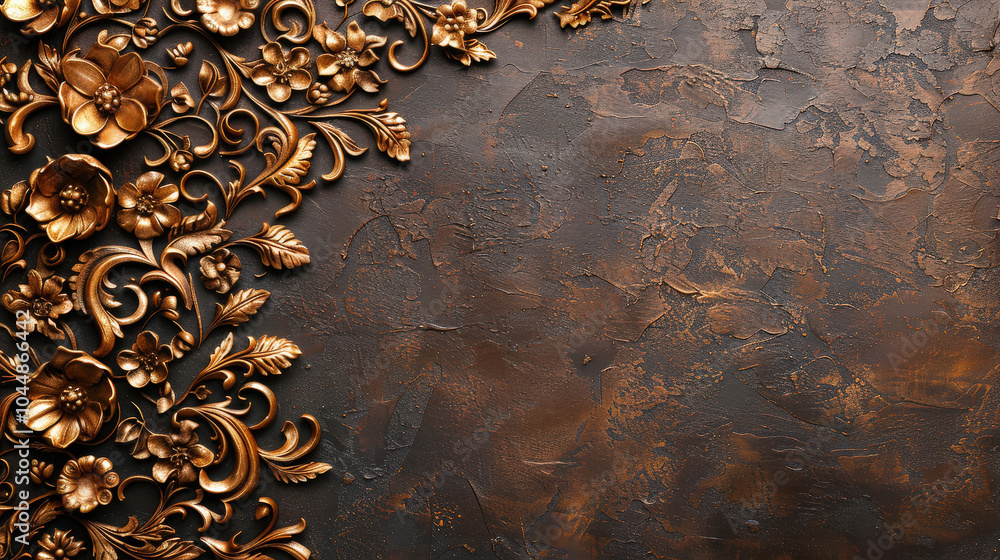 Poster elegant floral design with intricate golden patterns on dark textured background, creating luxurious