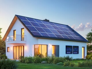 Obraz premium Modern house with solar panels showcasing sustainable living and eco-friendly architecture at sunset.