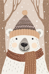 A cute postcard with a picture of a polar bear in a knitted hat and scarf in a delicate pastel color scheme in a cartoon style