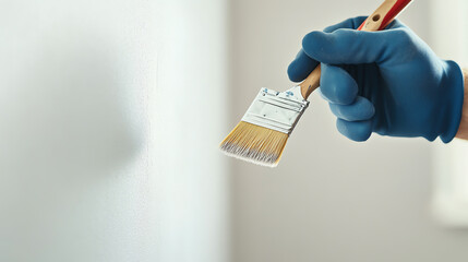 A person's hand wearing a blue glove holds a paintbrush, ready to paint a wall. The background is softly blurred, focusing on the painting activity.