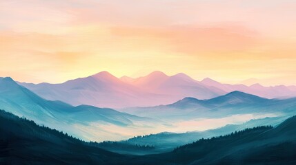 Obraz premium A peaceful dawn over a mountain range, the sun warm glow illuminating the peaks as soft pastels color the sky. A serene and inspiring natural scene.