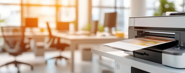 Modern office printer in action with a colorful print emerging, bright workspace in the background, perfect for office themes.