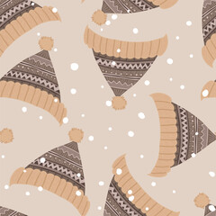 Seamless pattern featuring a knitted hat with a pattern in a delicate pastel color scheme in a cartoon style
